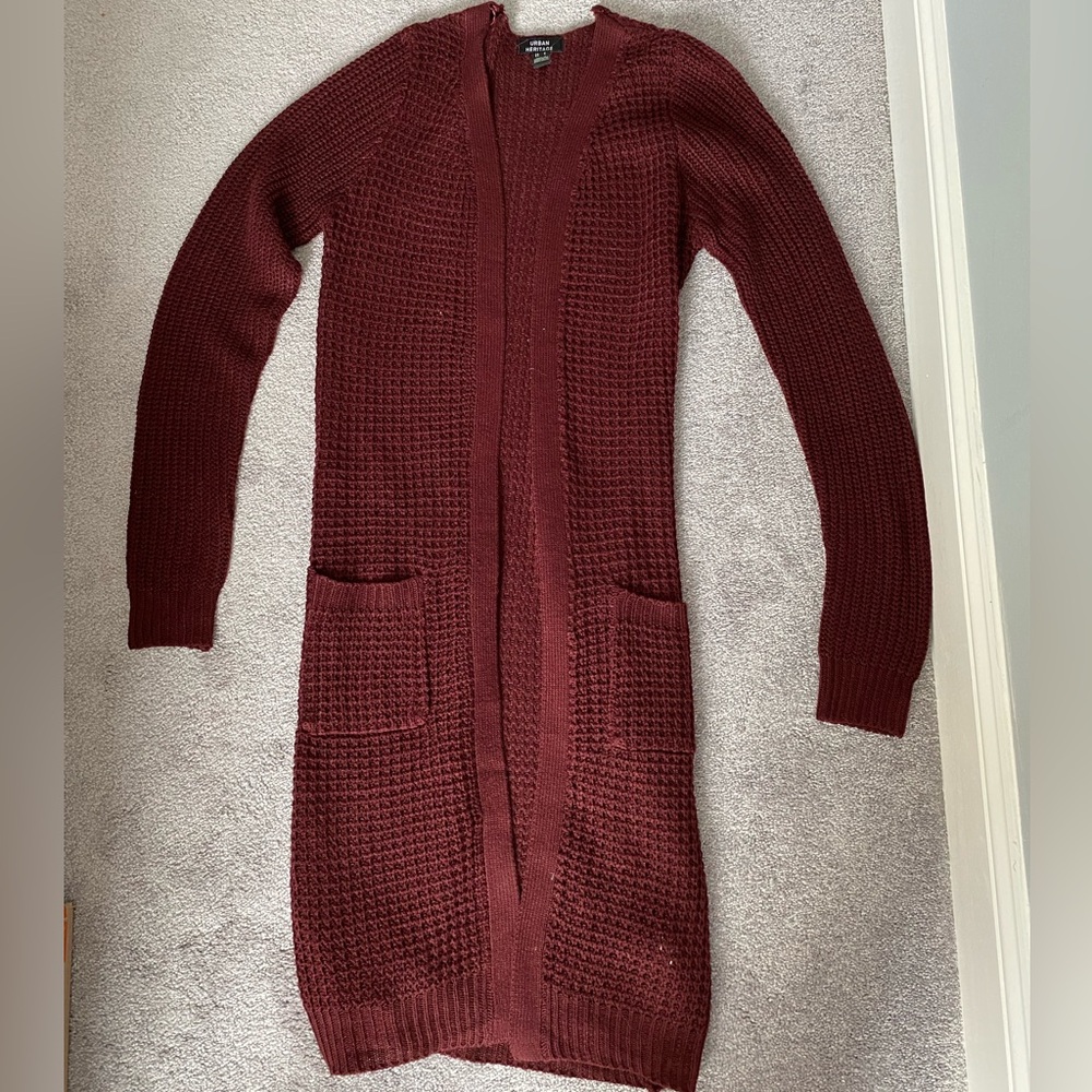 long maroon cardigan size small urban heritage